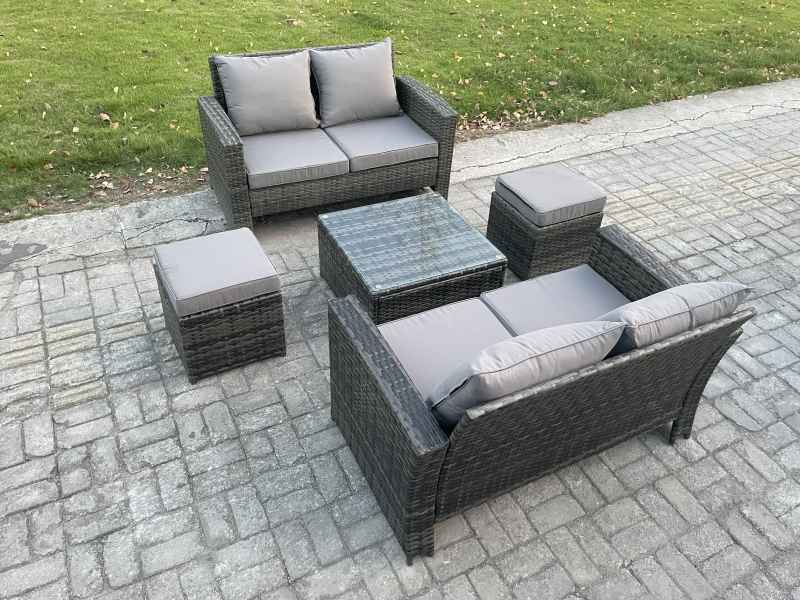Fimous Rattan Garden Furniture Set 5 piece Patio Rattan Furniture Sofa Weaving Wicker includes 2 Double Seat Sofa, Coffee Table and 2 Small Footstools