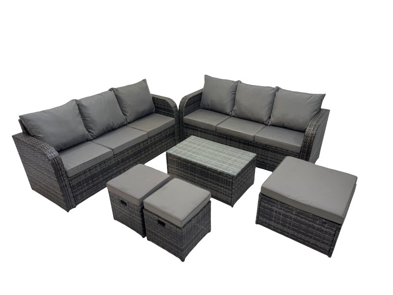 Fimous Outdoor 3 Seater Sofa Coffee Table Set Garden Rattan Furniture Set 9 Seater with 3 Stool Dark Grey