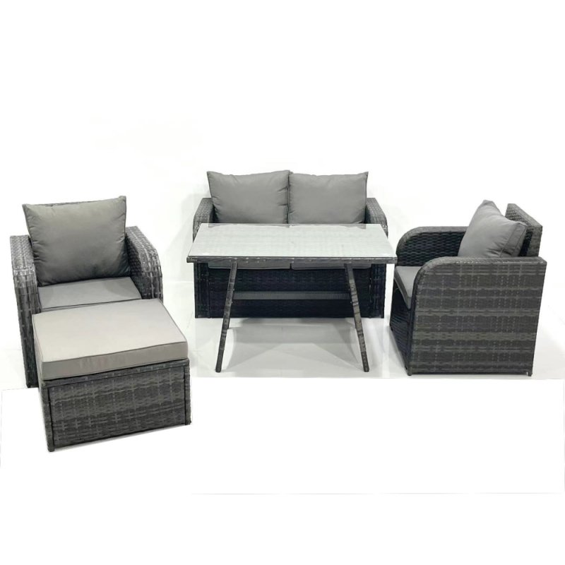 Fimous Outdoor Garden Furniture Set Rattan Sofa Dining Table Set with Reclining Chair Big Footstool Dark Grey Mixed