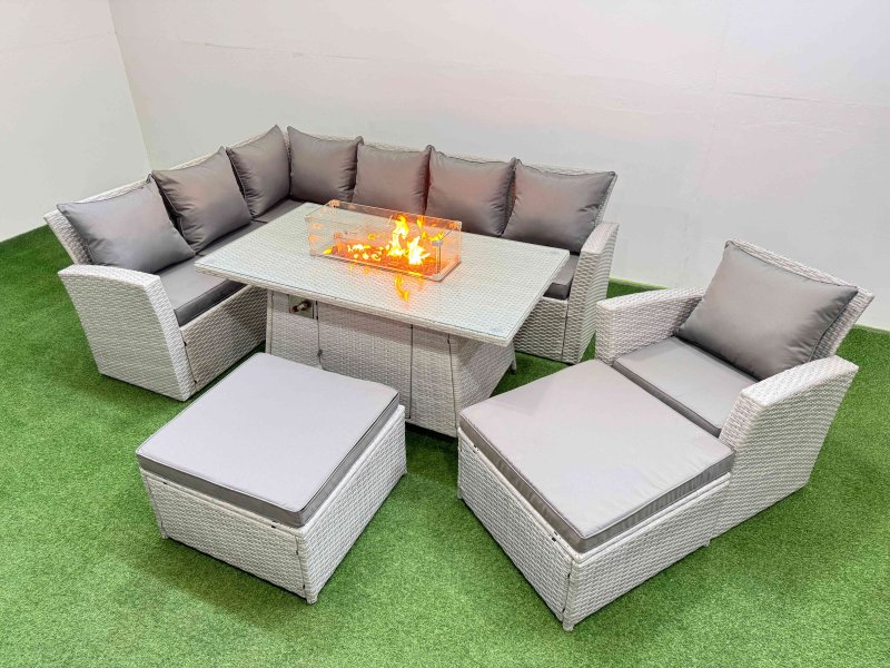 Fimous Rattan Corner Sofa Chair Set Outdoor Furniture Garden Dining Sets Gas Fire Pit Table with Temper Glass 2 Big Footstools Light Grey Mixed
