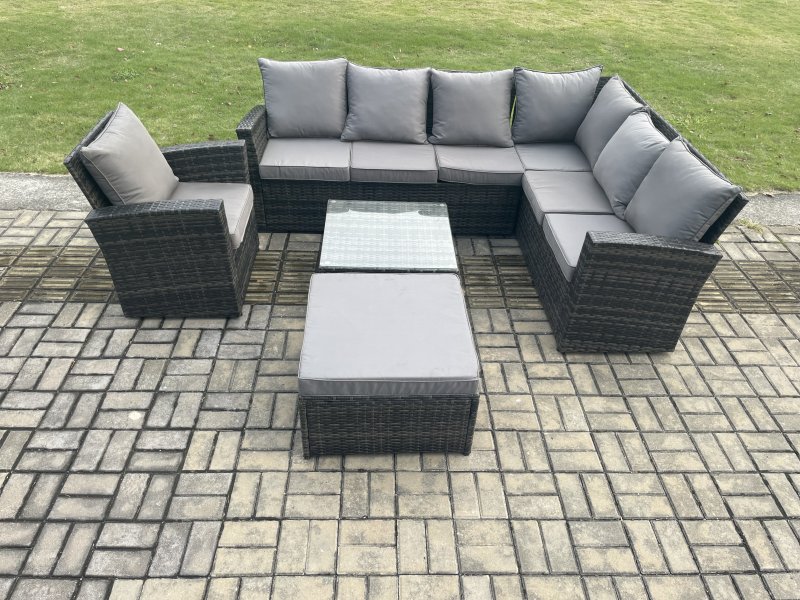 Fimous 8 Seat Rattan Garden Furniture Corner Sofa Set Outdoor Patio Sofa Chair Table Set with Big Footstool Dark Grey Mixed