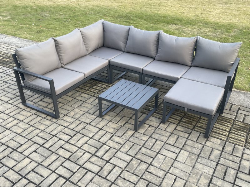 Fimous 7 Seater Aluminium Garden Furniture Set Outdoor Lounge Corner Sofa Square Coffee Table Sets with Big Footstool Dark Grey