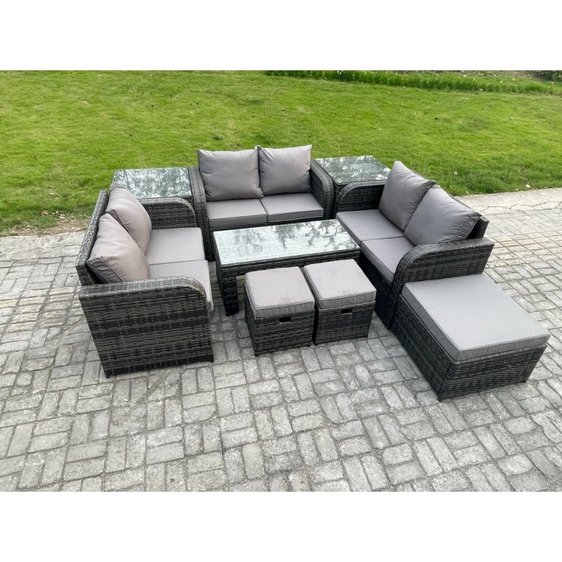 Fimous Outdoor Garden Furniture Sets 9 Pieces Wicker Rattan Furniture Sofa Sets with Rectangular Coffee Table Love seat Sofa 3 Footstools 2 Side Tables
