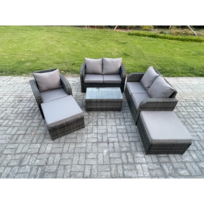 Fimous 7 Seater Garden Furniture Set Rattan Outdoor Lounge Sofa Chair With Tempered Glass Table 2 Big Footstool Dark Grey Mixed