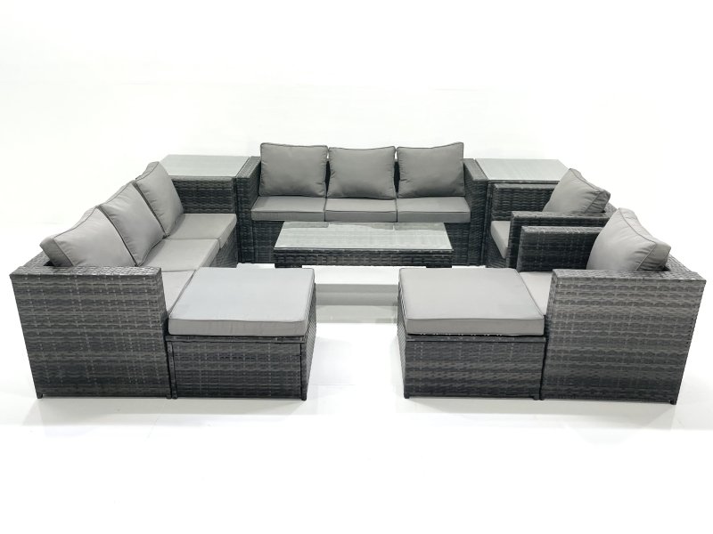 Fimous Rattan Garden Furniture Sofa Set with Coffee table Armchair 2 Side Tables 2 Big Footstools Dark Grey Mixed