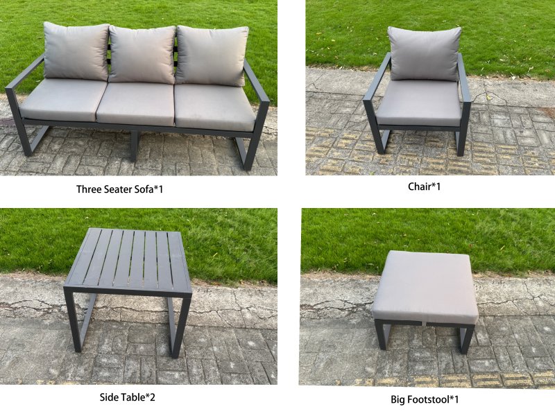 Fimous Aluminium Garden Furniture Set 5 Piece Aluminium Lounge Seating Adjustable Rising Lifting Dining Table Set with Side Table Big Footstool Dark Grey