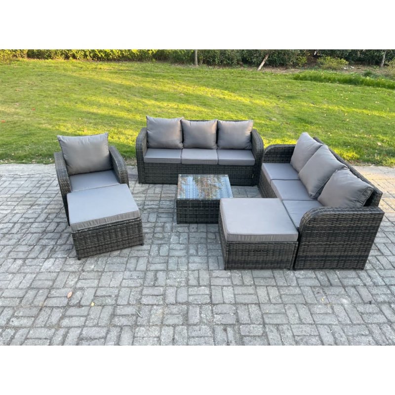 Fimous 9 Seater Outdoor Rattan Garden Furniture Set Conservatory Patio Sofa Coffee Table With 2 Big Footstool Dark Grey Mixed