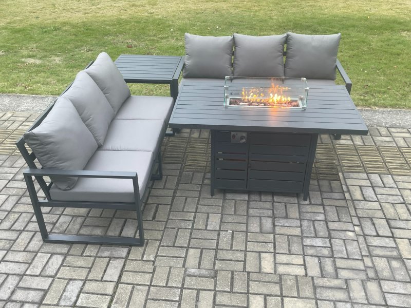 Fimous Aluminium 6 Seater Outdoor Garden Furniture Lounge Sofa Set Gas Fire Pit Dining Table with Side Table Dark Grey