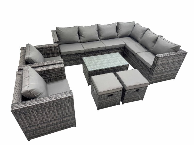 Fimous Patio Sofa Oblong Coffee Table Set Rattan Garden Furniture Set with 2 Chairs 2 Small Stools Dark Grey Mixed