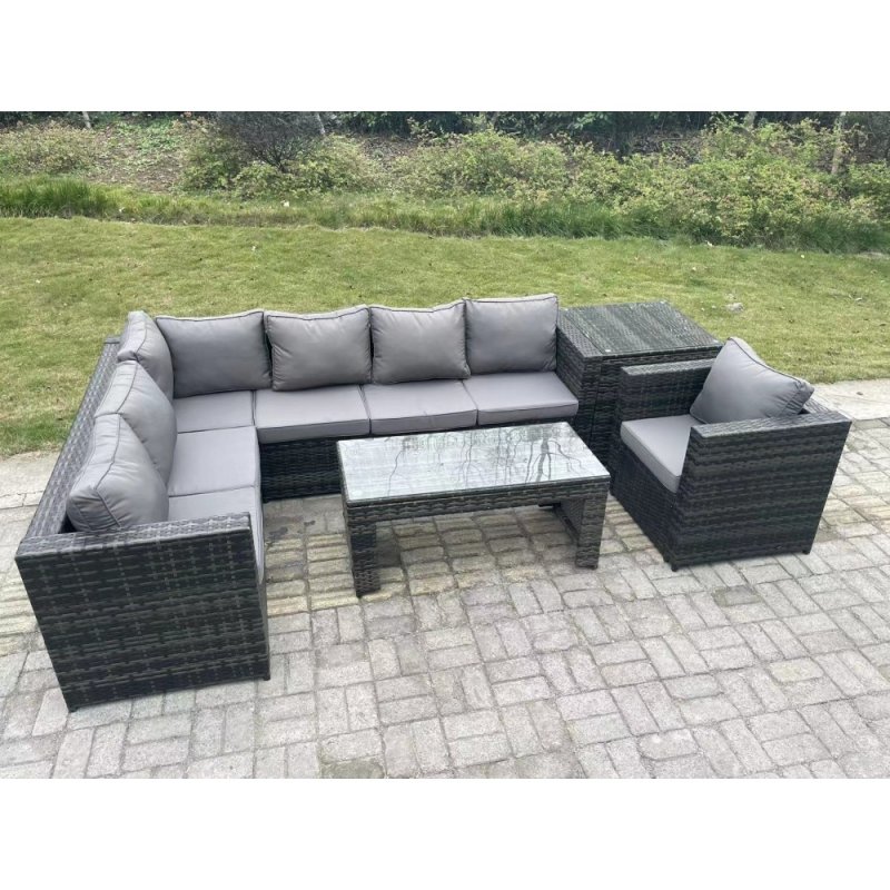 Fimous 7 Seater Rattan Corner Sofa Lounge Sofa Set With Rectangular Coffee Table With Arm Chair And Side Table Dark Grey Mixed Left Hand