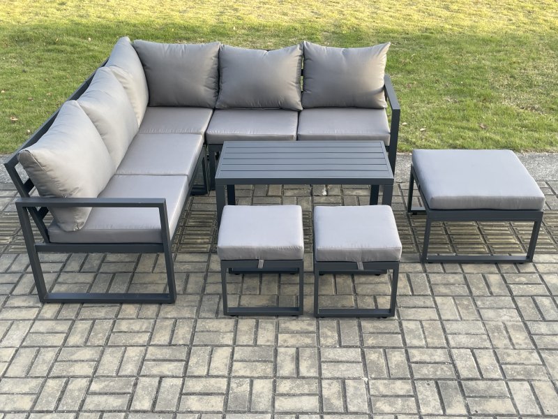 Fimous Aluminium Outdoor Garden Furniture Set Lounge Sofa Oblong Coffee Table Sets with 3 Footstools Indoor Conservatory Set Dark Grey