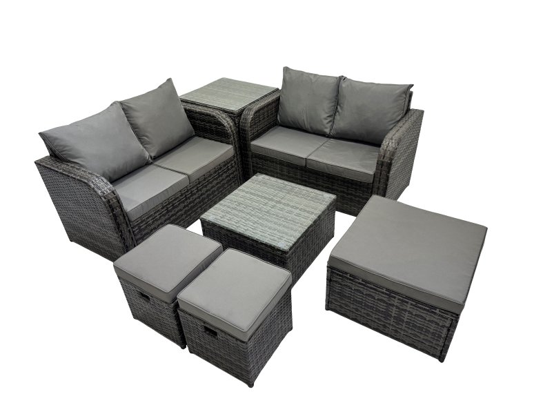 Fimous Rattan Garden Outdoor Furniture Set Love Sofa Square Coffee Table Set with Side Table 3 Stools Dark Grey Mixed