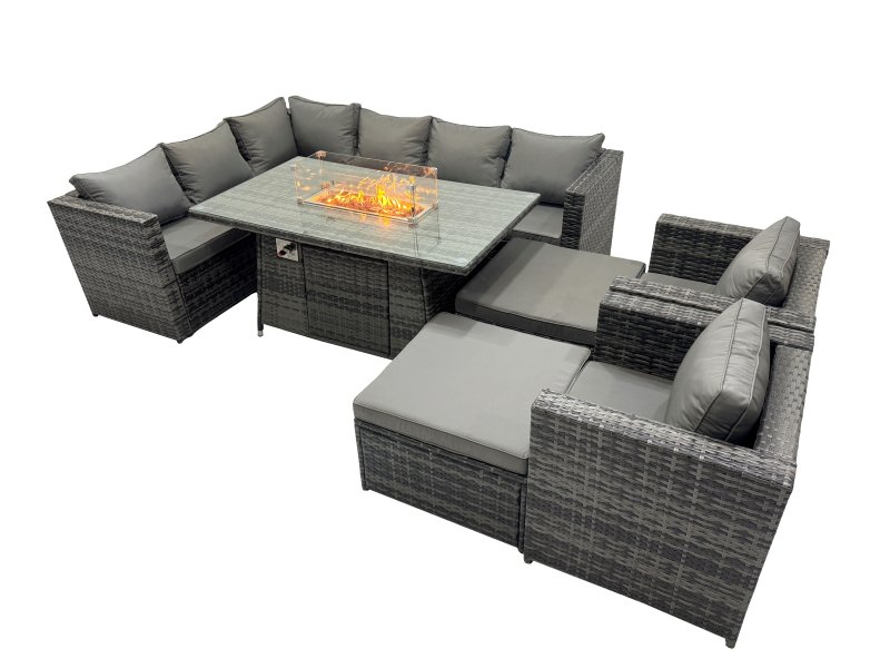 Fimous Rattan Garden Furniture Dining Set 10-seater Gas Firepit Dining Table Corner Sofa Set with 2 Big Stools Dark Grey Mixed