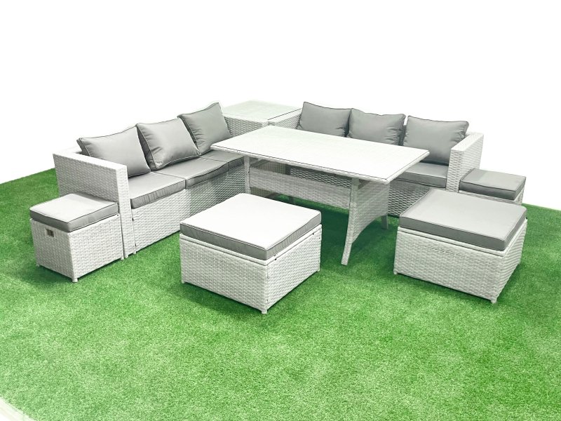 Fimous Rattan Garden Furniture Set Outdoor 10 Seater Patio Dining Sets with Glass Top Dining Table and Side Table Light Grey Mixed