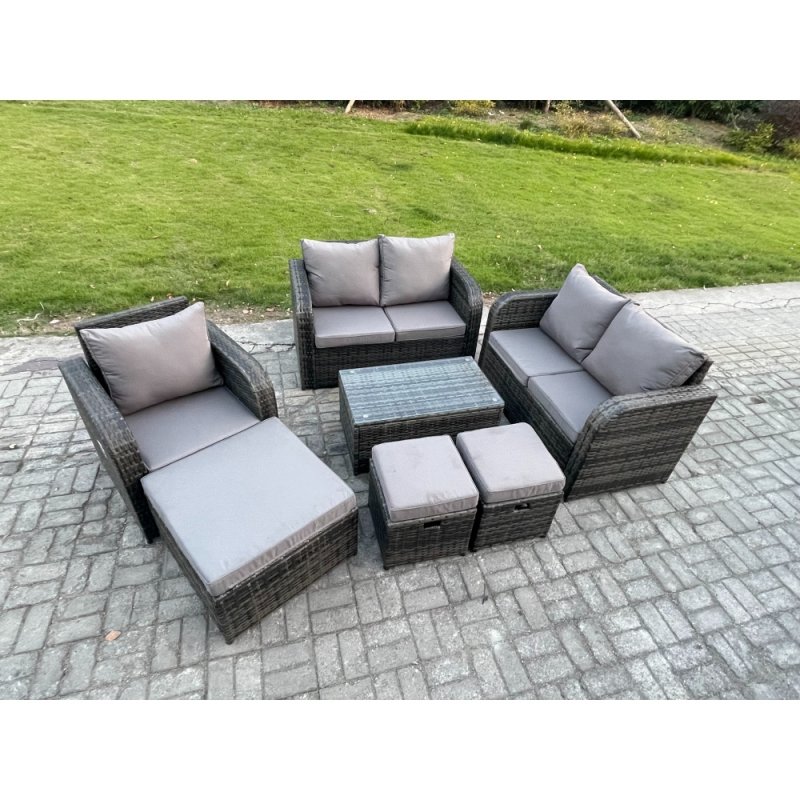 Fimous High Back Rattan Garden Furniture Set with Loveseat Sofa Rectangular Coffee Table 3 Footstools Indoor Outdoor Patio Lounge Sofa Set Dark Grey Mixed