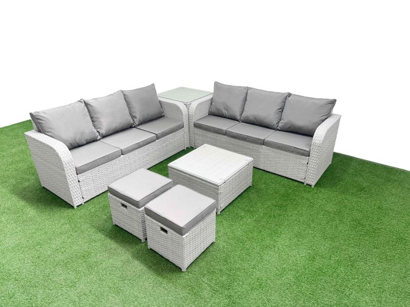Fimous Outdoor Garden Furniture Sets 8 Seater Wicker Rattan Furniture Sofa Sets with Square Coffee Table high Back Lounge Sofa Stools Side Table Light Grey