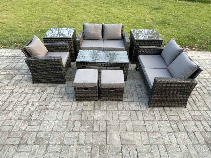 Fimous 7 Seater Outdoor Rattan Patio Furniture Set Garden Lounge Sofa Set with 2 Side Tables 2 Small Footstools Coffee Table Dark Grey Mixed