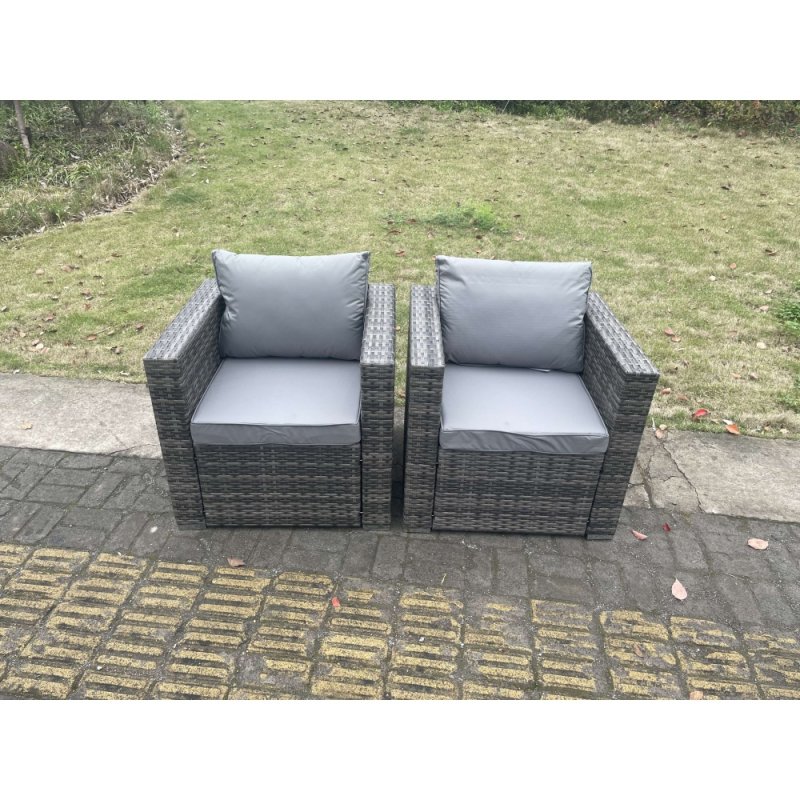 Fimous 2 PC Outdoor Rattan Arm Sofa Chair Garden Furniture With Seat and Back Cushion Dark Grey Mixed