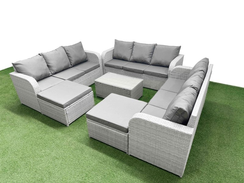Fimous PE Rattan Lounge Sofa Set 11 Seater Outdoor Garden Furniture Set with Rectangular Coffee Table 3 Seater Sofa 2 Big Footstools Light Grey