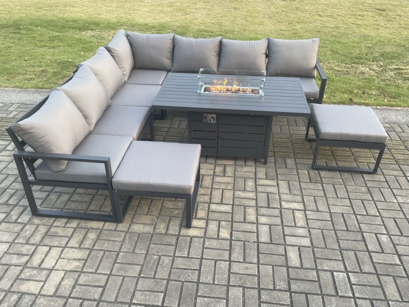 Fimous Aluminium 9 Seater Garden Furniture Outdoor Set Patio Lounge Sofa Gas Fire Pit Dining Table Set with 2 Big Footstools Dark Grey
