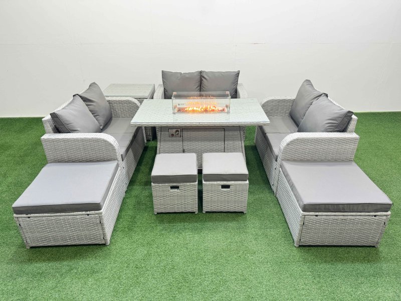 Fimous PE Rattan Lounge Sofa Set 10 Seater Outdoor Garden Furniture Set with Gas Firepit Table Love Sofa 2 Big Footstools Side Table Light Grey