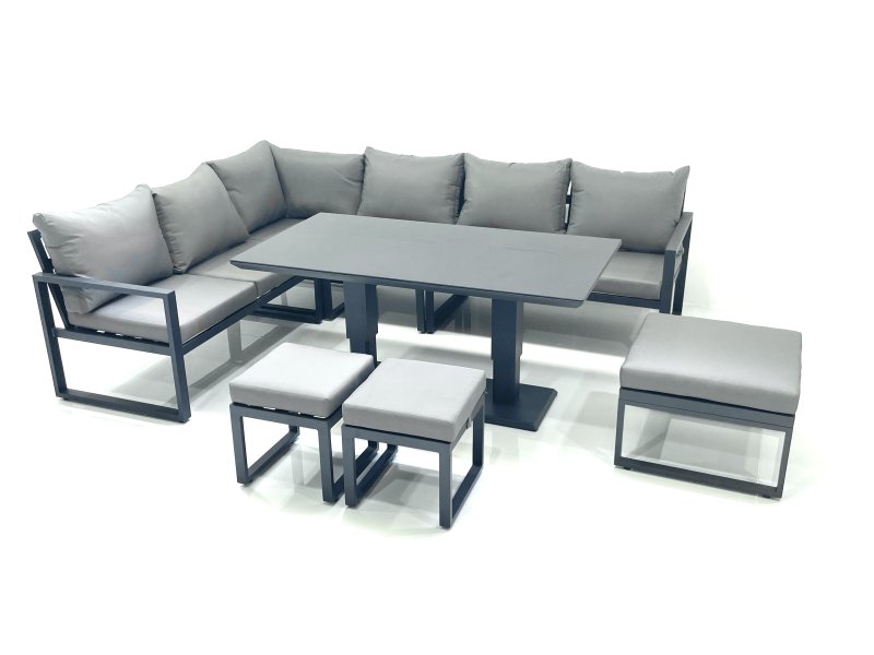 Fimous Aluminum Outdoor Garden Furniture Set Corner Sofa 3 Footstools Adjustable Rising Lifting Dining Table Sets Dark Grey
