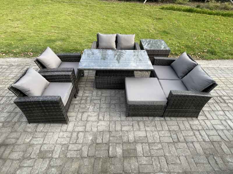 Fimous Rattan Garden Furniture Sets 7 Seater Patio Outdoor Rising Lifting Table Sofa Set with Double Seat Sofa Side Table Big Footstool Dark Grey Mixed