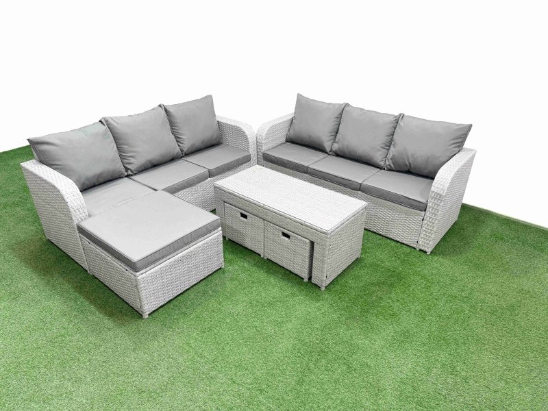 Fimous Outdoor Garden Furniture Sets 9 Seater Wicker Rattan Furniture Sofa Sets with Oblong Coffee Table high Back Lounge Sofa 3 Stools Light Grey