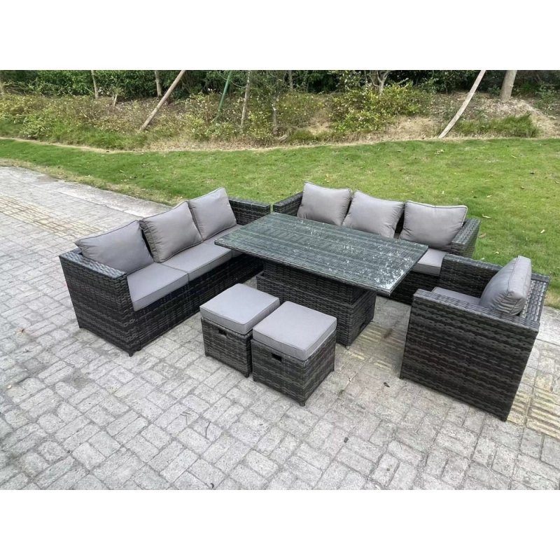 Fimous Wicker PE Garden Furniture Rattan Sofa Set Outdoor Adjustable Rising Lifting Dining Table Set with Armchair 2 Stools 9 Seater Dark Grey Mixed