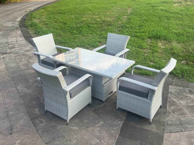 Fimous Light Grey Rattan Outdoor Garden furniture Set Height Adjustable Rising Lifting Table and 4 Chairs Set with Seat Cushion