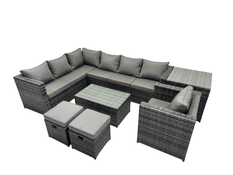 Fimous Outdoor Rattan Rectangular Coffee Table Corner Sofa Sets Garden Furniture Set with Side Table 2 Small Stools Dark Grey Mixed