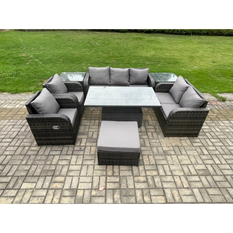 Fimous Wicker PE Rattan Outdoor Garden Furniture Sets Height Adjustable Rising lifting Dining Table Reclining Chair Sofa Set with 2 Side Tables Big Footstool Dark Grey Mixed