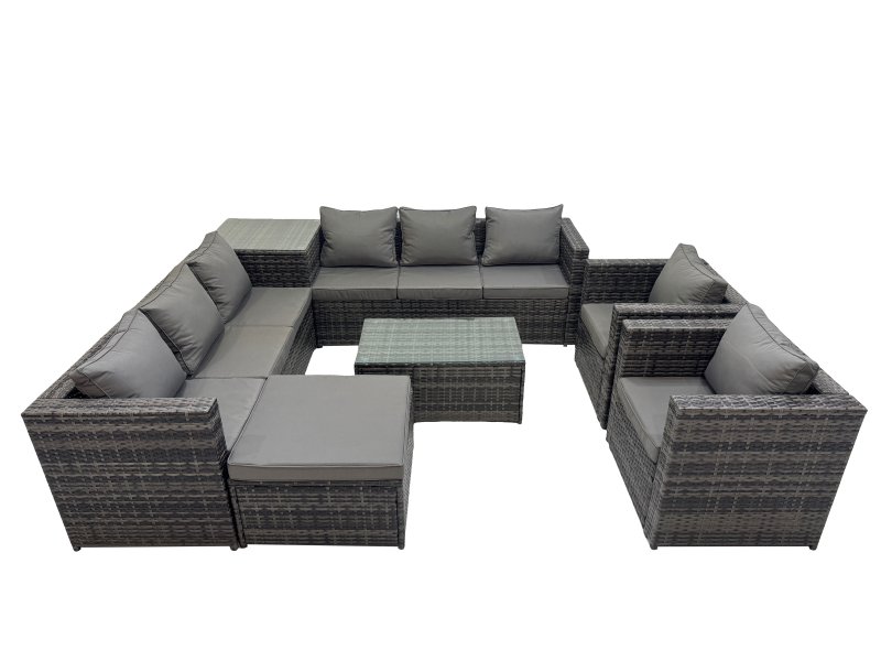 Fimous 9 Seater Garden Outdoor Rattan Furniture Set Patio Corner Sofa Rectangular Coffee Table with Big Stool Side Table Dark Grey