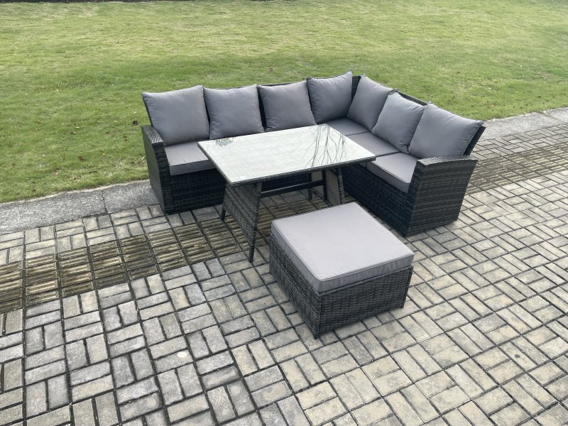 Fimous High Back Outdoor Garden Furniture Set Rattan Corner Sofa Dining Table Set With Big Footstool 7 Seater Dark Grey Mixed