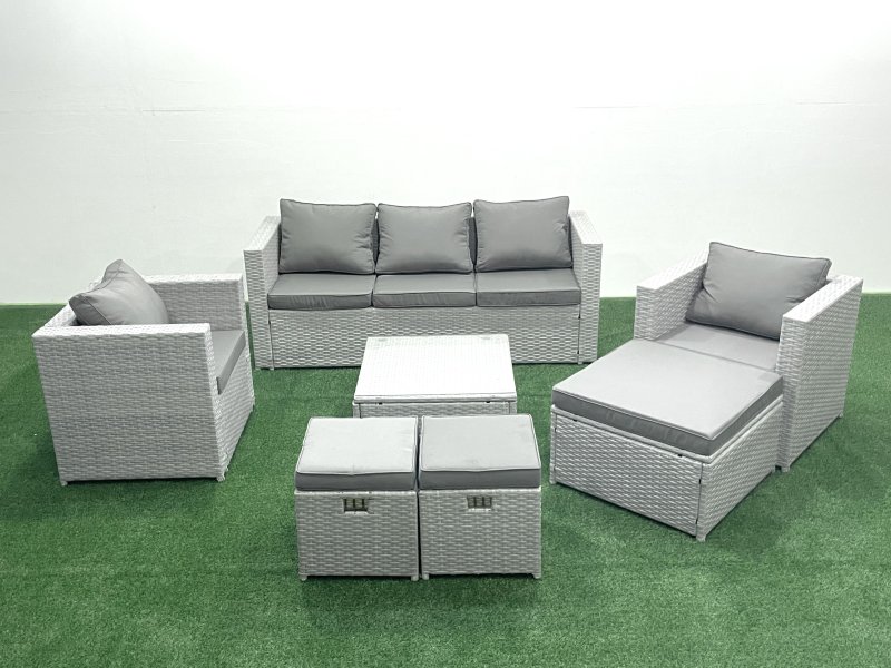 Fimous Rattan Garden Outdoor Furniture Sofa Set with Square Coffee Table 2 Chairs 3 Footstools Light Grey Mixed