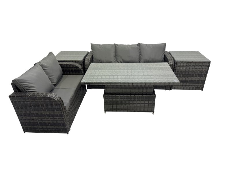 Fimous Rattan Garden Furniture Dining Set 5-seater Patio Height Adjustable Rising Lifting Table Sofa Set with 2 Side Table Dark Grey Mixed