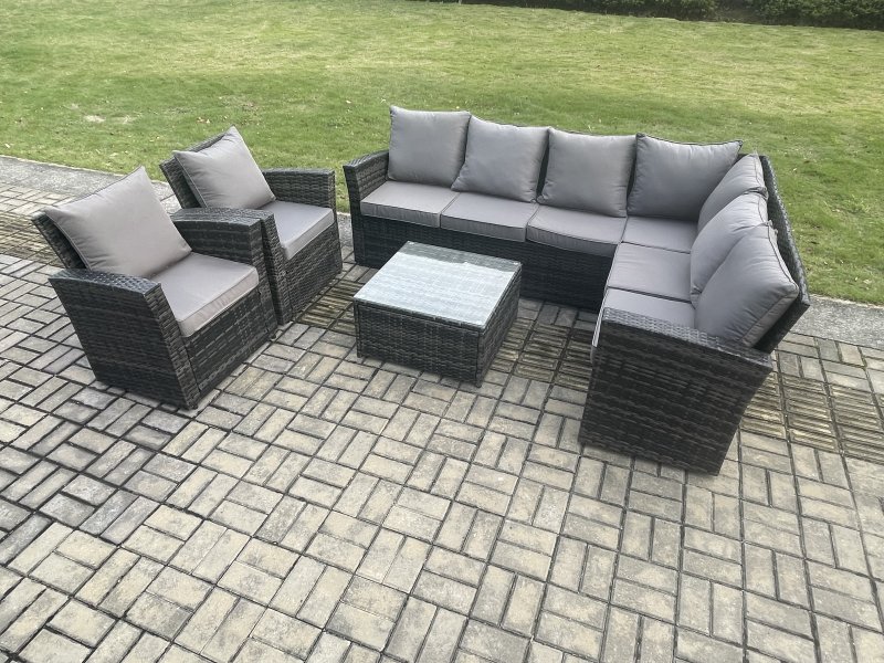 Fimous Rattan Garden Furniture Set Outdoor Lounge Corner Sofa Set With Square Coffee Table 2 Chairs 8 Seater Dark Grey Mixed