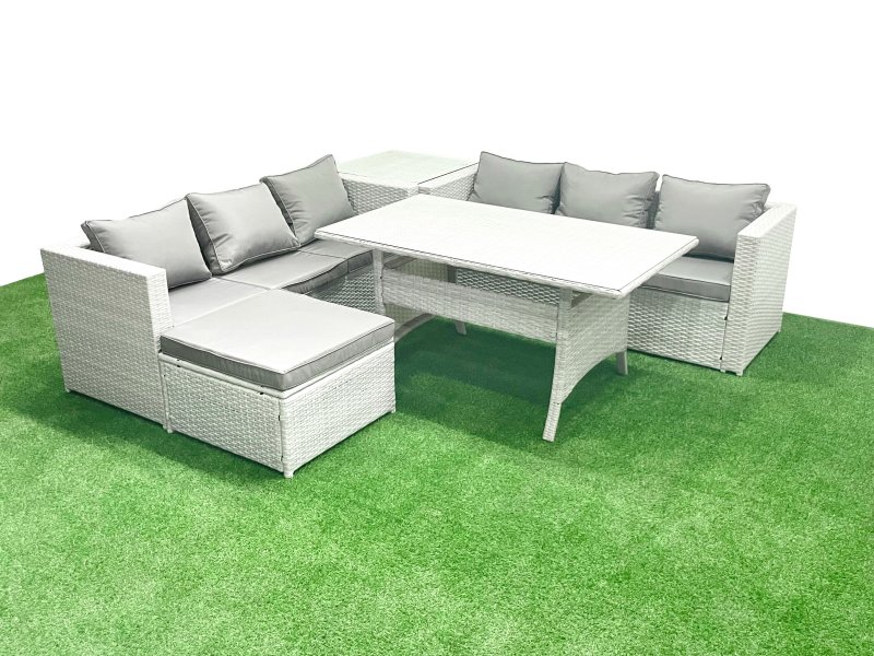 Fimous Rattan Garden Furniture Set 7 Seater Outdoor Sofa Set with Dining Table Side Table Big Footstool Light Grey Mixed