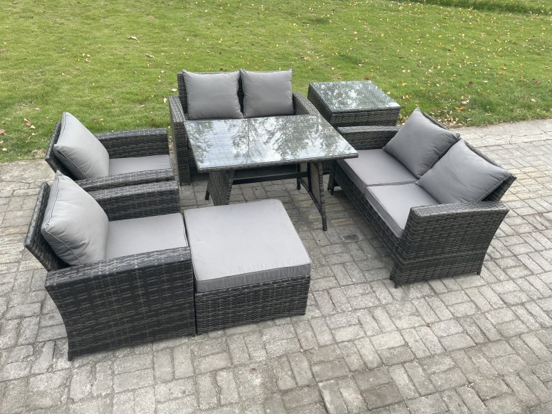 Fimous Rattan Garden Furniture Set 7 Seater Patio Outdoor Lounge Sofa Set with Rectangular Dining Table Love Seat Sofa Side Table Big Footstool Dark Grey Mixed