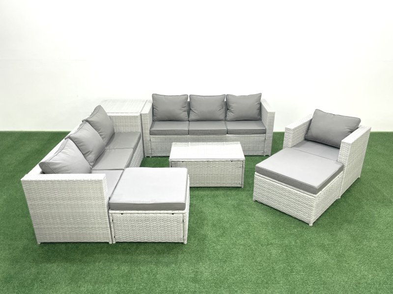 Fimous Wicker PE Rattan Sofa Garden Furniture Set with Armchair Oblong Coffee Table 2 Big Footstools Side Table Light Grey Mixed