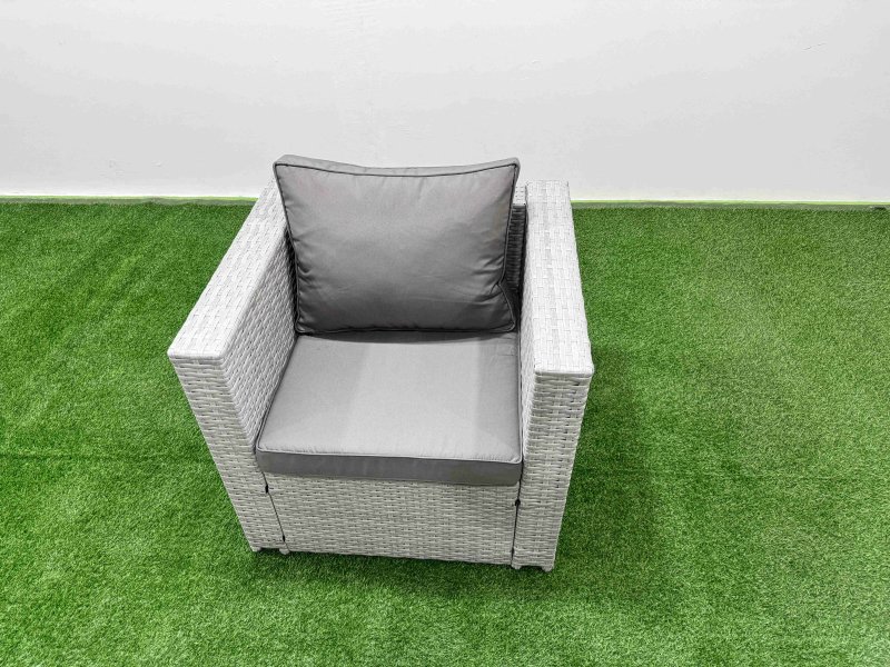 Fimous 8 PCs Rising Dining Table Set Rattan Furniture Set with 3 Seater Sofa Chair 2 Big Footstools 2 Small Footstools Light Grey