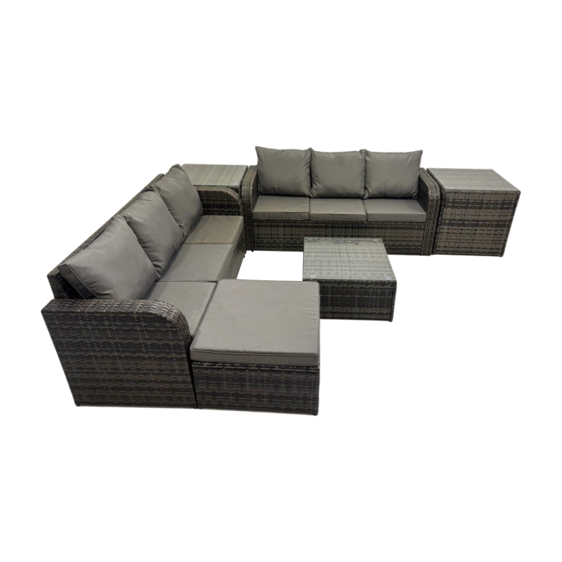 Fimous Rattan Garden Outdoor Furniture Set 3 Seater Sofa Square Coffee Table Set with Big Stool 2 Side Table Dark Grey Mixed