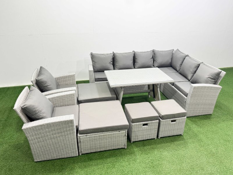 Fimous 12 Seater Garden Outdoor Rattan Furniture Set Rattan Corner Sofa Oblong Dining Table with 2 Armchairs 4 Footstools Light Grey Mixed