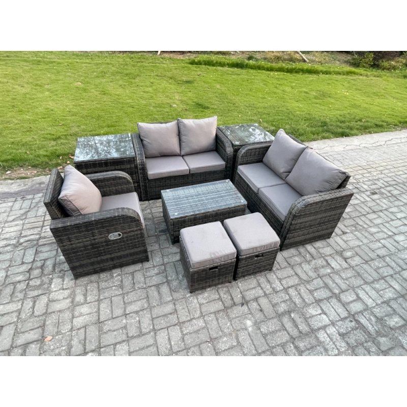 Fimous 7 Seater High Back Rattan Garden Furniture Set with Loveseat Sofa Rectangular Coffee Table 2 Small Footstools 2 Side Tables Indoor Outdoor Patio Lounge Sofa Set Dark Grey Mixed