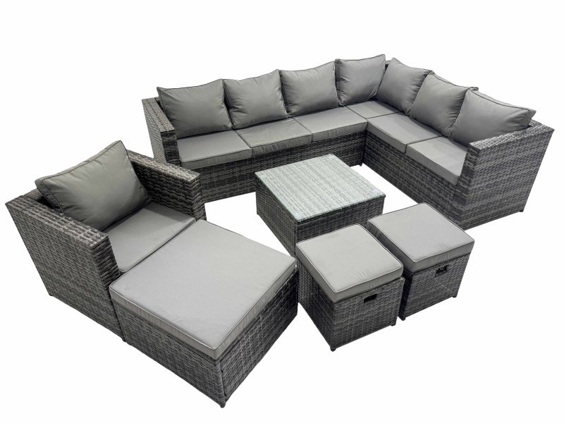 Fimous Outdoor PE Rattan Garden Furniture Sofa Set with Square Coffee Table Chair 3 Stools Dark Grey