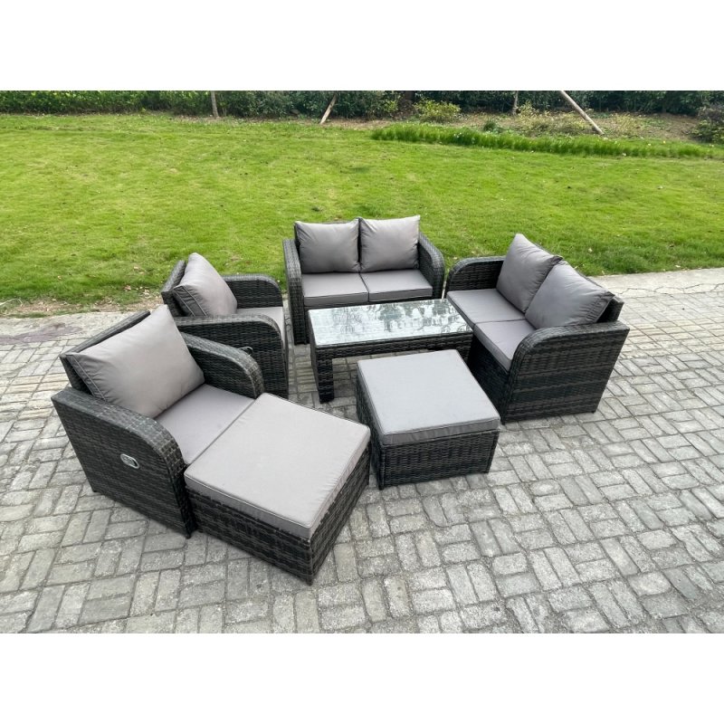 Fimous 8 Seater Rattan Wicker Garden Furniture Patio Conservatory Sofa Set with Rectangular Coffee Table Reclining Chair Love Sofa 2 Big Footstool