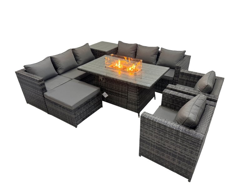 Fimous 9 Seater Garden Outdoor Rattan Furniture Set Patio Corner Sofa Gas Firepit Dining Table with Side Table Big Stool Dark Grey