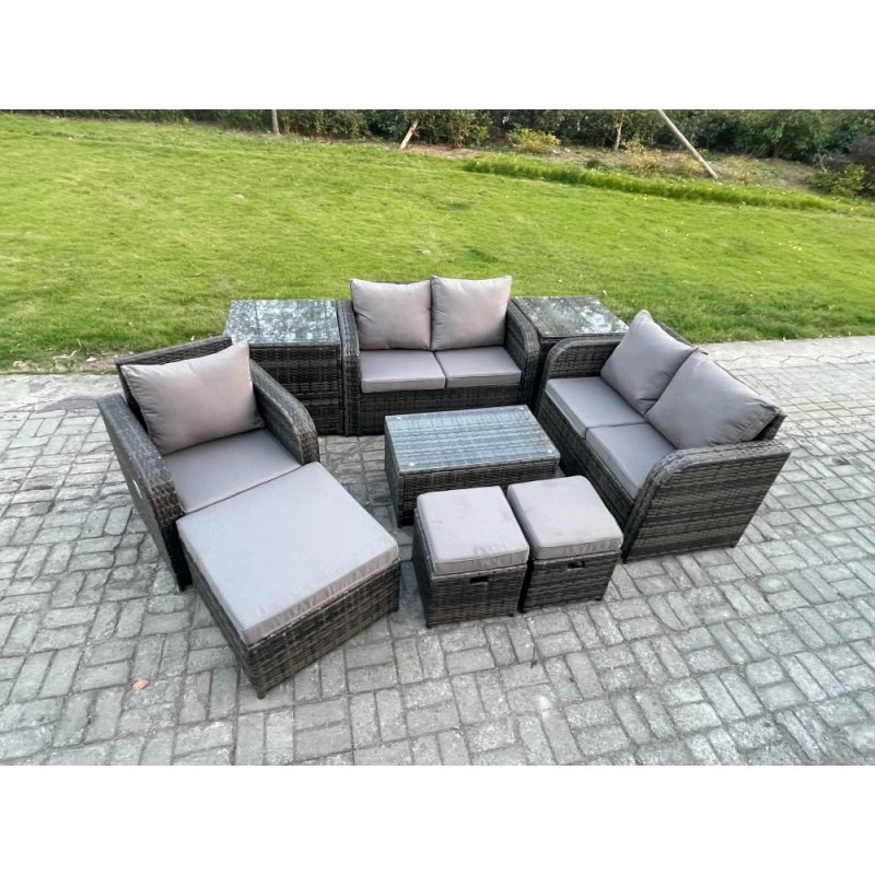 Fimous 8 Seater High Back Rattan Garden Furniture Set with Loveseat Sofa Rectangular Coffee Table 3 Footstools 2 Side Tables Indoor Outdoor Patio Lounge Sofa Set Dark Grey Mixed