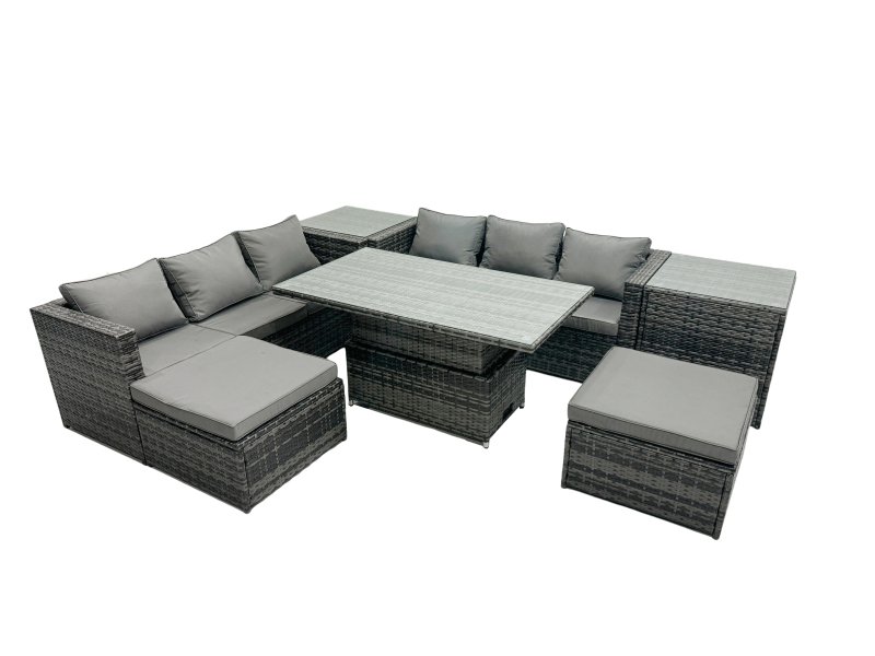 Fimous Rattan Dining Table Sofa Set with 2 Side Tables 2 Stools Outdoor 8 Seat Garden Furniture Set Dark Grey Mixed