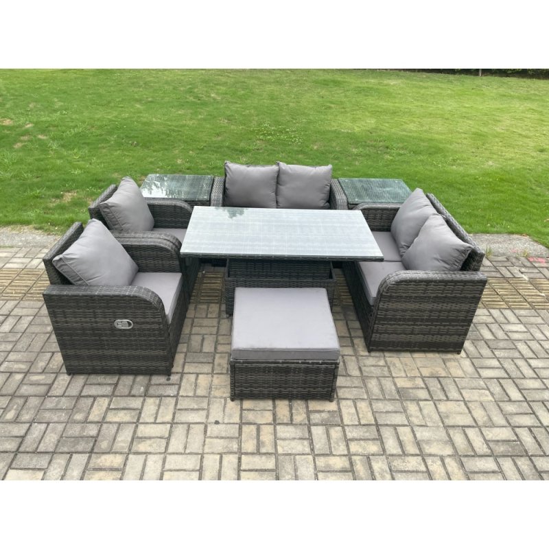 Fimous Wicker PE Rattan Furniture Garden Dining Set Outdoor Height Adjustable Rising lifting Table Love Sofa Chair With 2 Side Tables Stools